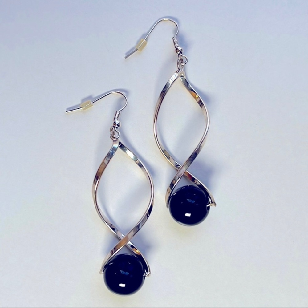 Claire's / Icing • Silver Tone Open Swirl Drop Earrings with Black / Onyx Bead